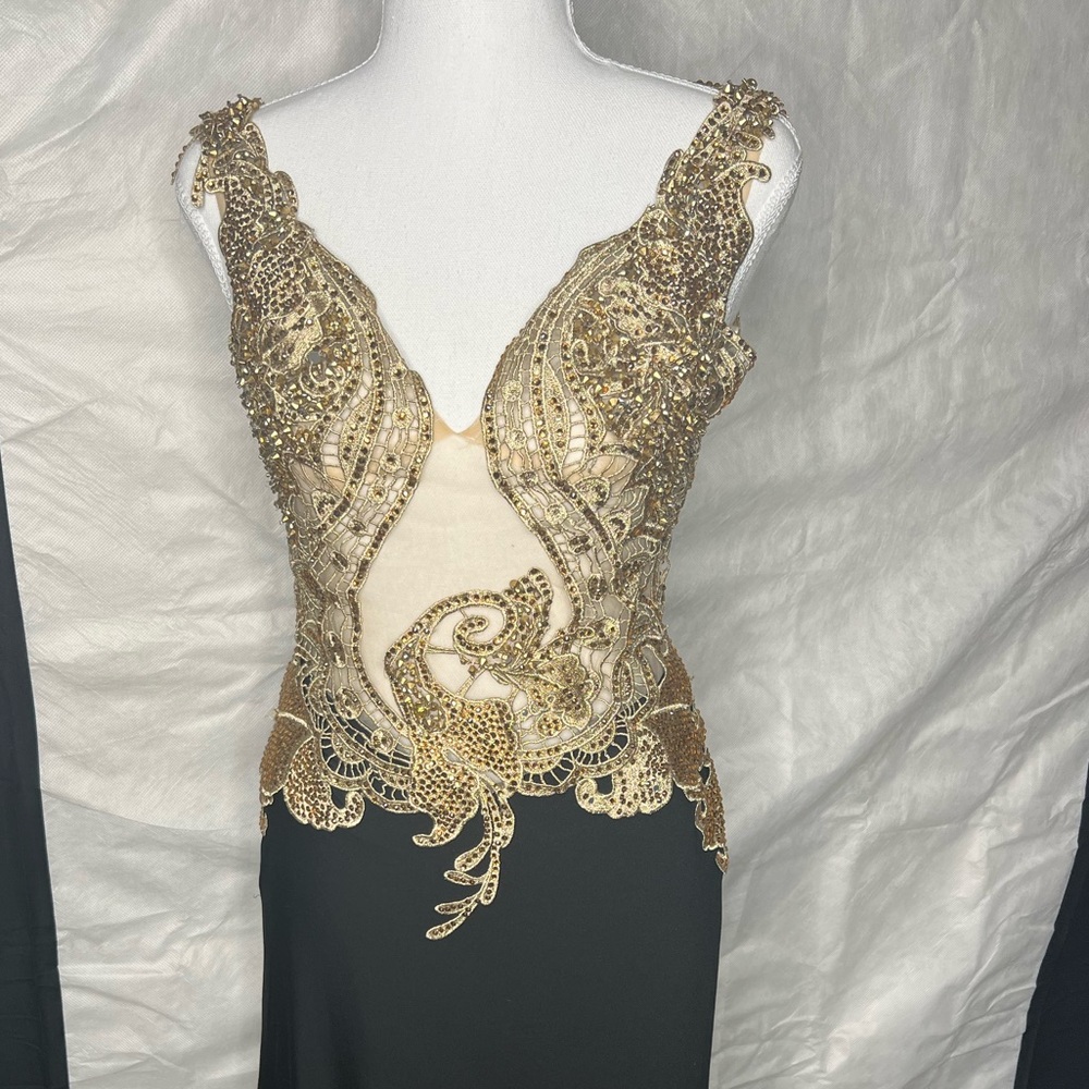 Gold Lace Appliqué Evening Gown - Women's Formal Dress